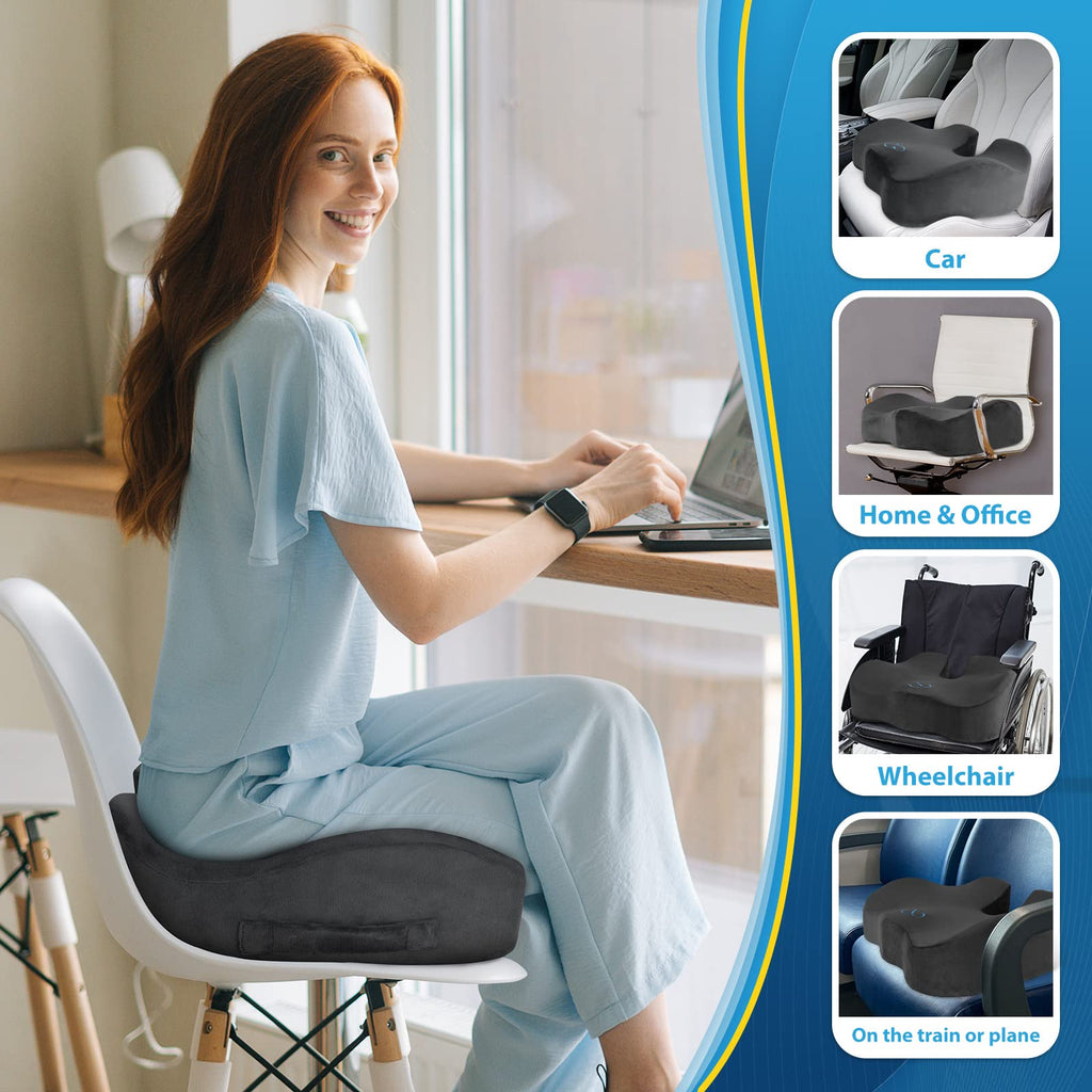 BlissTrends Seat Cushion,5.2in Thick Memory Foam Cushions for Office Chair, Car Seat, Airplane, Relieving Pressure Tailbone Sciatica Back Pain for Long Sitting Office Workers, Car Drivers Grey