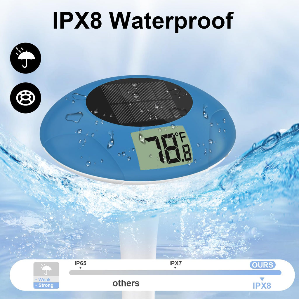 Digital Pool Thermometer Floating Easy Read –Solar Powered Floating Digital Temperature Gauge for Accurate Testing, Big LCD Screen for Easy Reading, °C/°F Display, IPX-8 Waterproof (Navy Blue)
