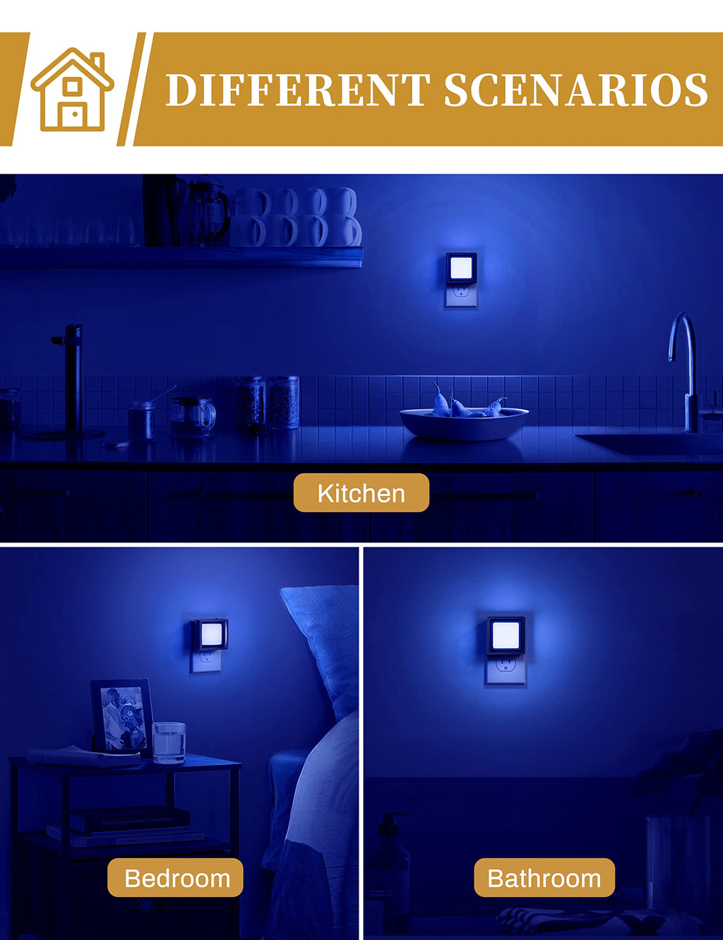 DORESshop Blue Night Light [2 Pack], Night Lights Plug Into Wall, Night Light, Dusk to Dawn Sensor, LED Night Light Adjustable Brightness, Bedroom, Bathroom, Hallway, Stairs, Christmas, Party