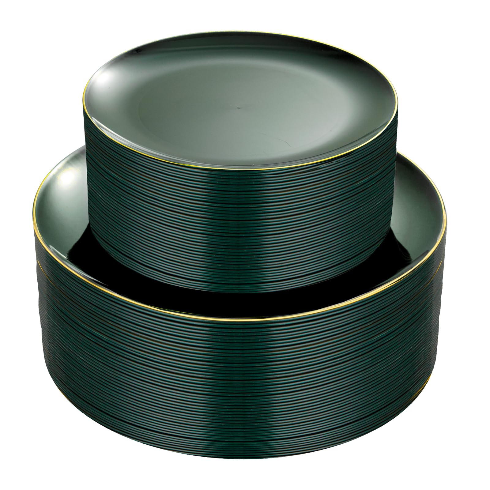 PULOTE 100PCS Green Plastic Plates - Green Disposable Plates With Gold Rim - Include 50 Pieces Dinner 10.25inch,50 Pieces Dessert 7.5inch for Party&Christmas