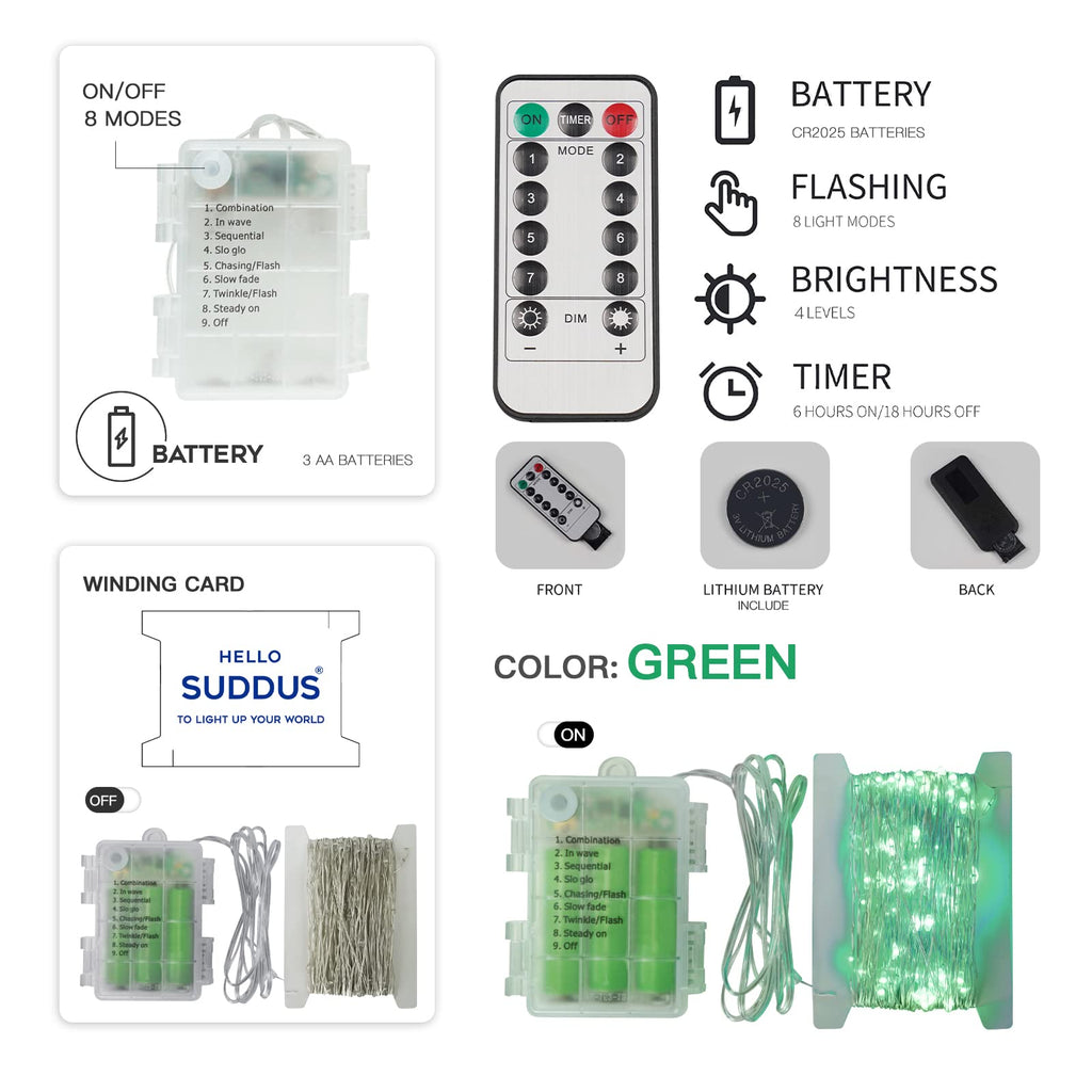 suddus Green Christmas Lights, 33ft 100 LED String Lights with Remote, Green Fairy Lights Battery Operated for Christmas, St Patricks Day, Bedroom, Wreath, Patio, Backyard, Garde, Party Decorations