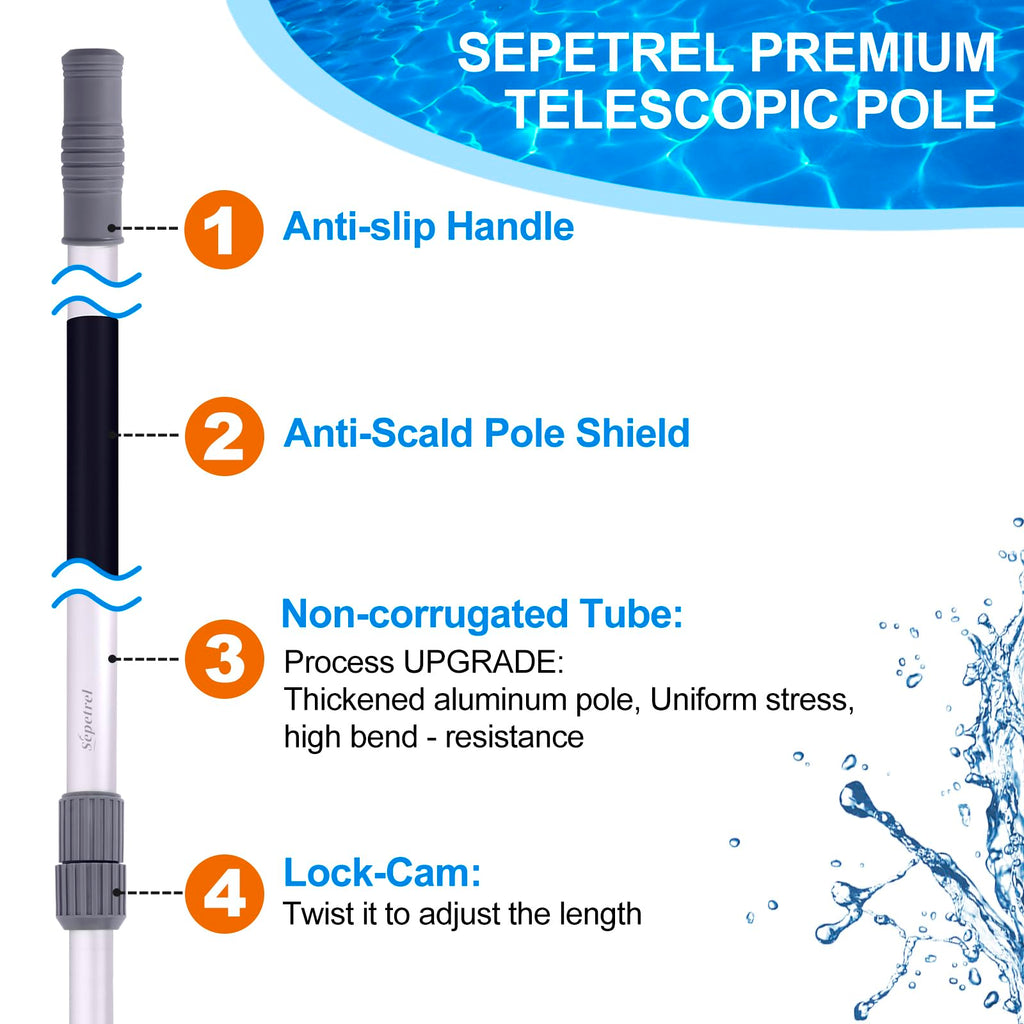 Sepetrel Pool Pole-Upgraded Professional 12 Foot Telescoping Swimming Pool Pole with Threaded Tips,Adjustable Telescopic Poles,for Skimmer Net,Brush,Vacuum Head