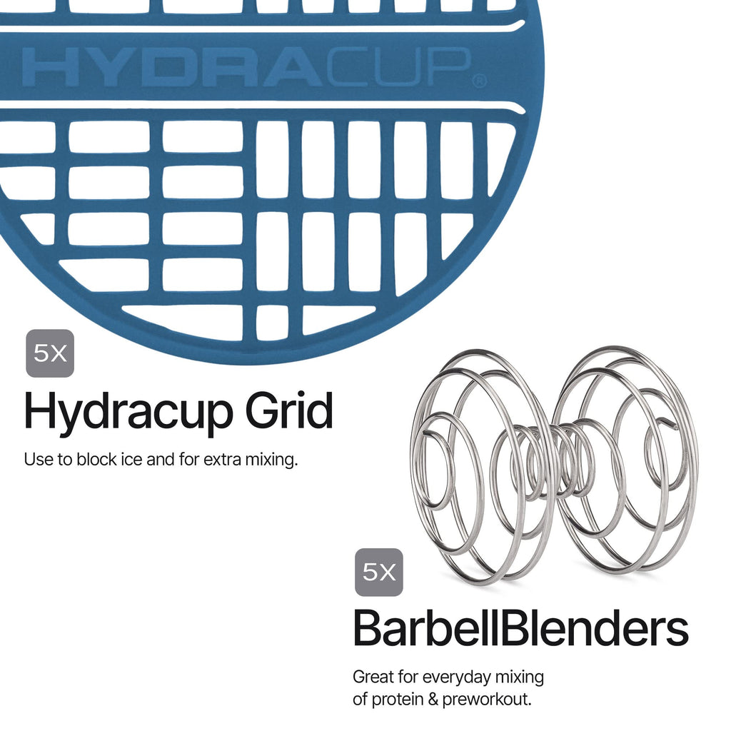 HydraCup [5 Pack] - 28 oz OG Shaker Bottle for Protein Powder Shakes & Mixes, Dual Blender, Wire Whisk & Mixing Grid, BPA Free Shaker Cup Blender Set
