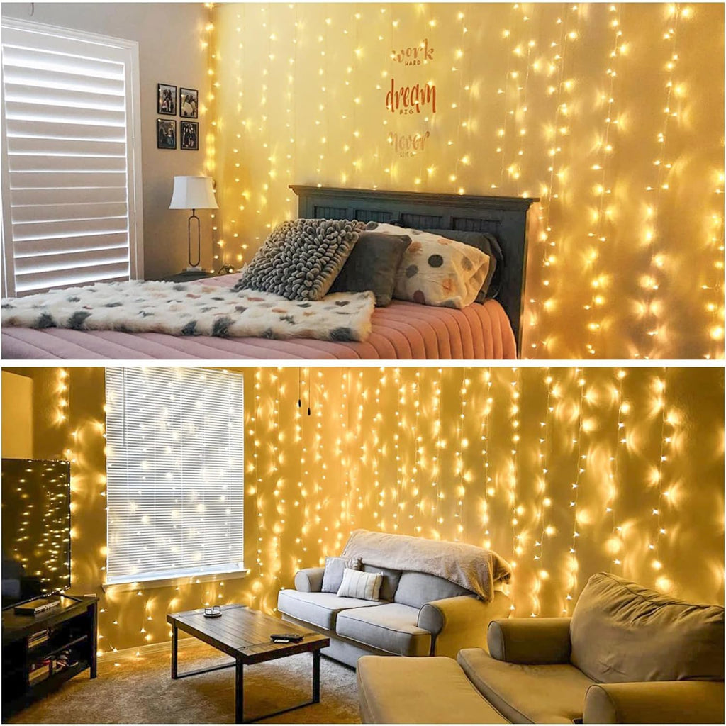 JMEXSUSS 900LED Outdoor Christmas Curtain Lights, 9.5x29.5ft Christmas Lights Plug in with Remote, Indoor Christmas Hanging String Lights for Bedroom Wedding Backdrop Wall Xmas Decor, Warm White