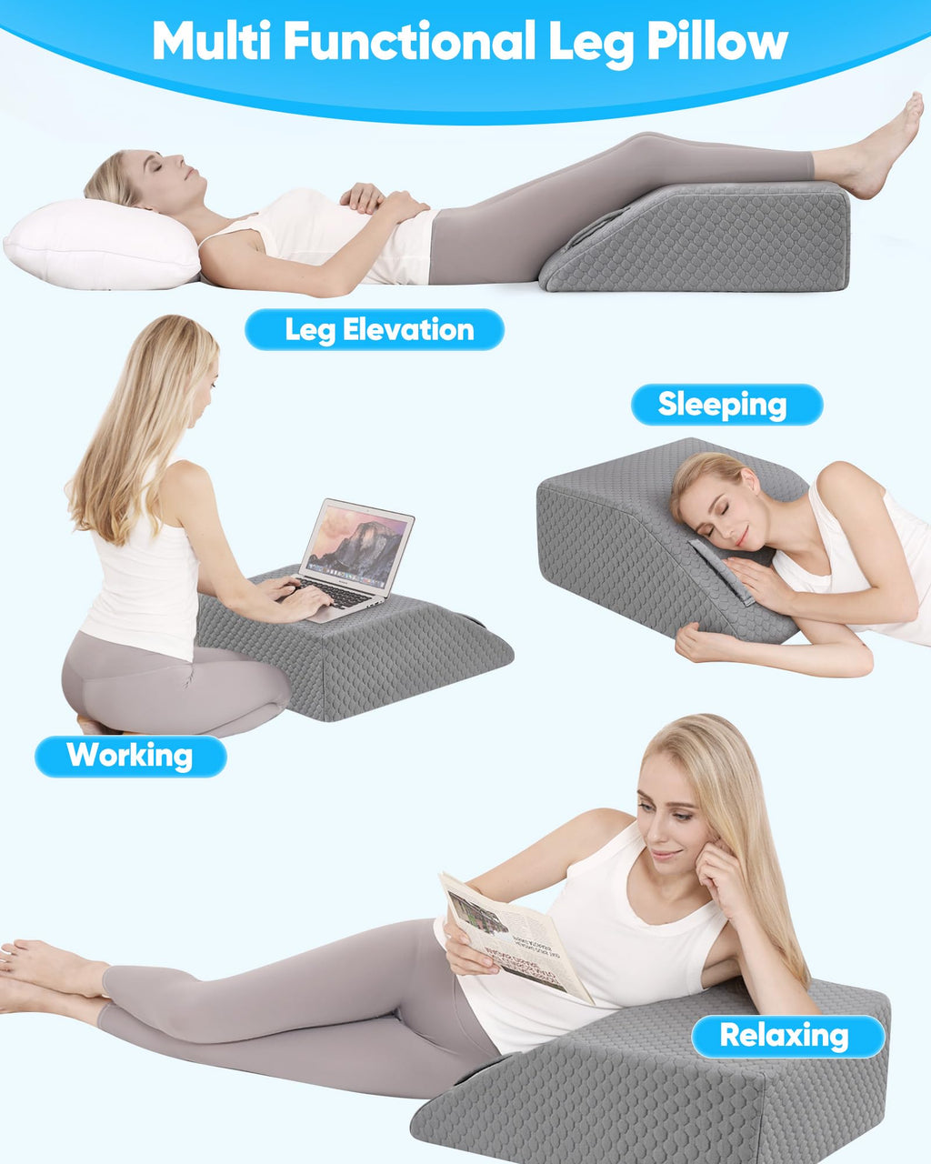 Forias 8" Leg Elevation Pillow for After Surgery, Memory Foam Leg Wedge Pillow for Back Pain Relief Leg Pillow for Swelling Post Surgery Sciatica Foot Leg Knee Ankle Elevation (Gray, 24 * 21 * 8in)
