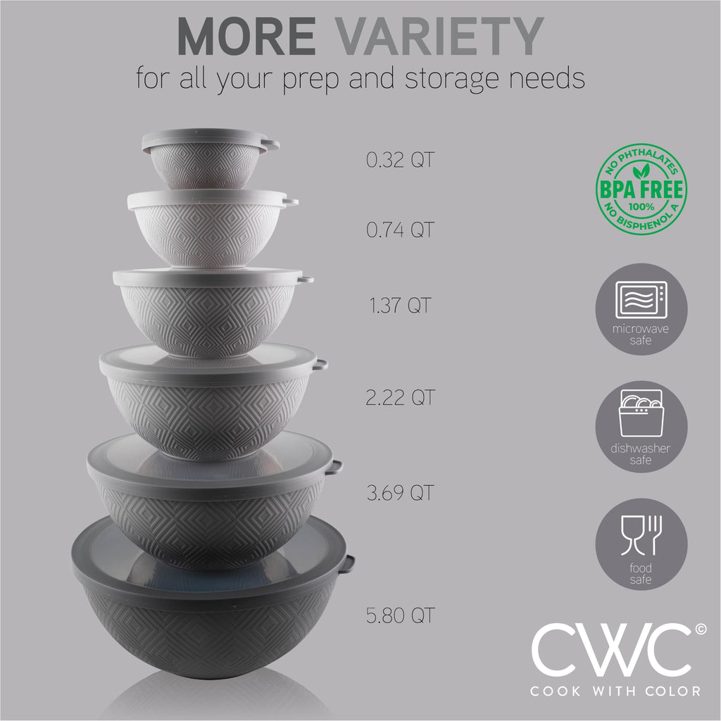 COOK WITH COLOR Mixing Bowls with Lids - 12 Piece Plastic Nesting Bowls Set includes 6 Prep Bowls and 6 Lids, Rhombus Design - Microwave Safe (Grey)