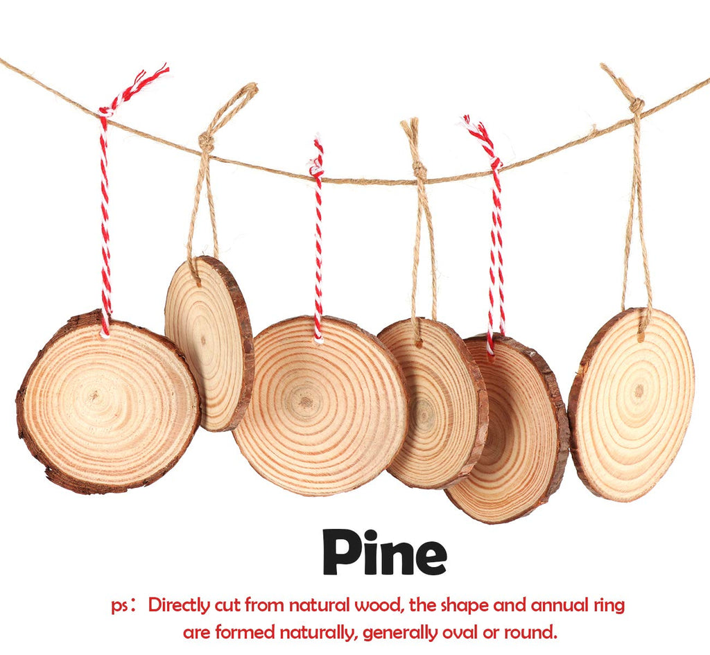 50Pcs Wood Slices 2.4"-2.8" Unfinished Natural Wood Rounds with Pre-drilled Hole and 66Feet Twine String, Wood Slices for Wood Burning Painting DIY Crafts Christmas Ornaments Party Wedding Decor