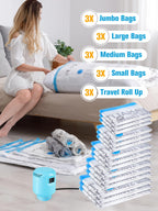 Vacuum Storage Bags with Electric Air Pump, New Air Valve 15 Pack (3 Jumbo, 3 Large, 3 Medium, 3 Small, 3 Roll Up Bags) Space Saver Bag, Vacuum Sealer Bags for Clothes, Pillows, Comforters, Travel