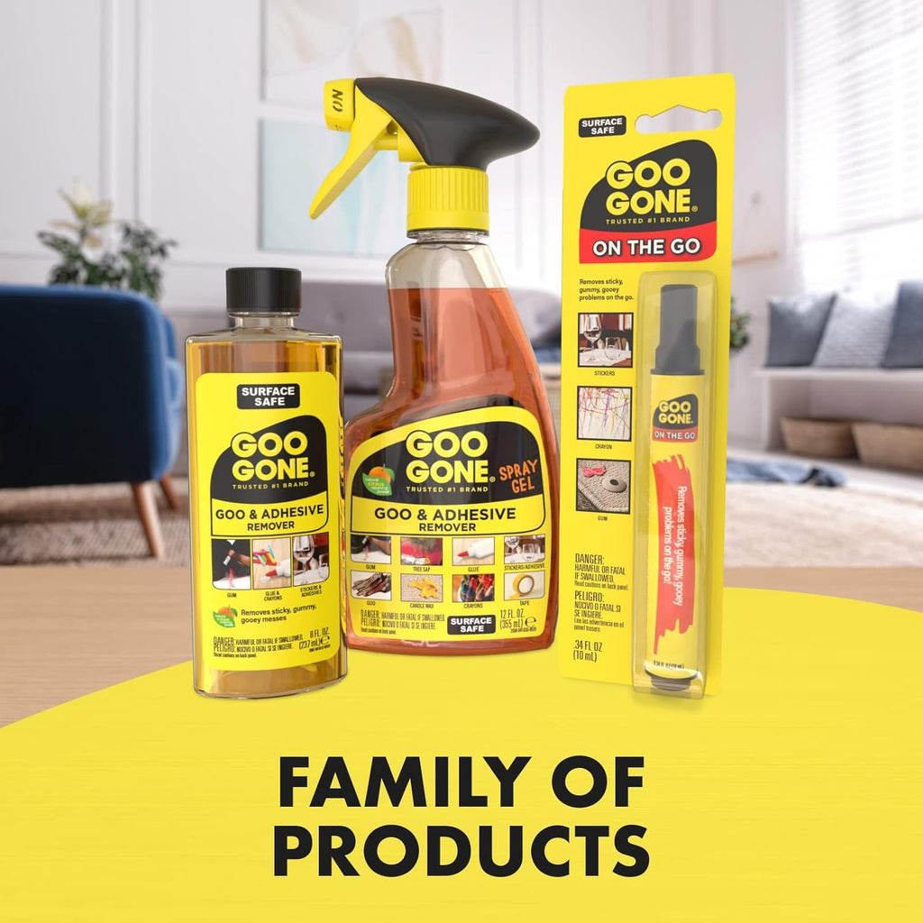 Goo Gone Spray Adhesive Remover Gel, 12 oz, Removes Glue, Stickers, Tape Residue, Grease, Gum & Wax, Adhesive Spray with Citrus Cleaning Power for Hard Surfaces, Carpets & Fabrics