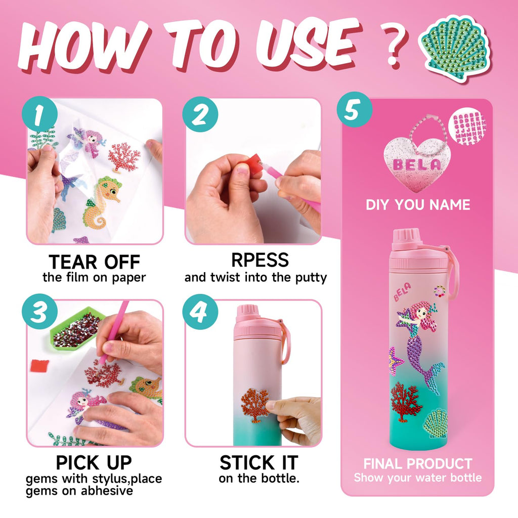 sinceroduct Decorate Your Own Water Bottle Kits for Girls, Mermaid Diamond Art Kid Crafts for 5-13 Year Old toddlers, DIY Crafts Gifts Toys for Kids Birthday Christmas