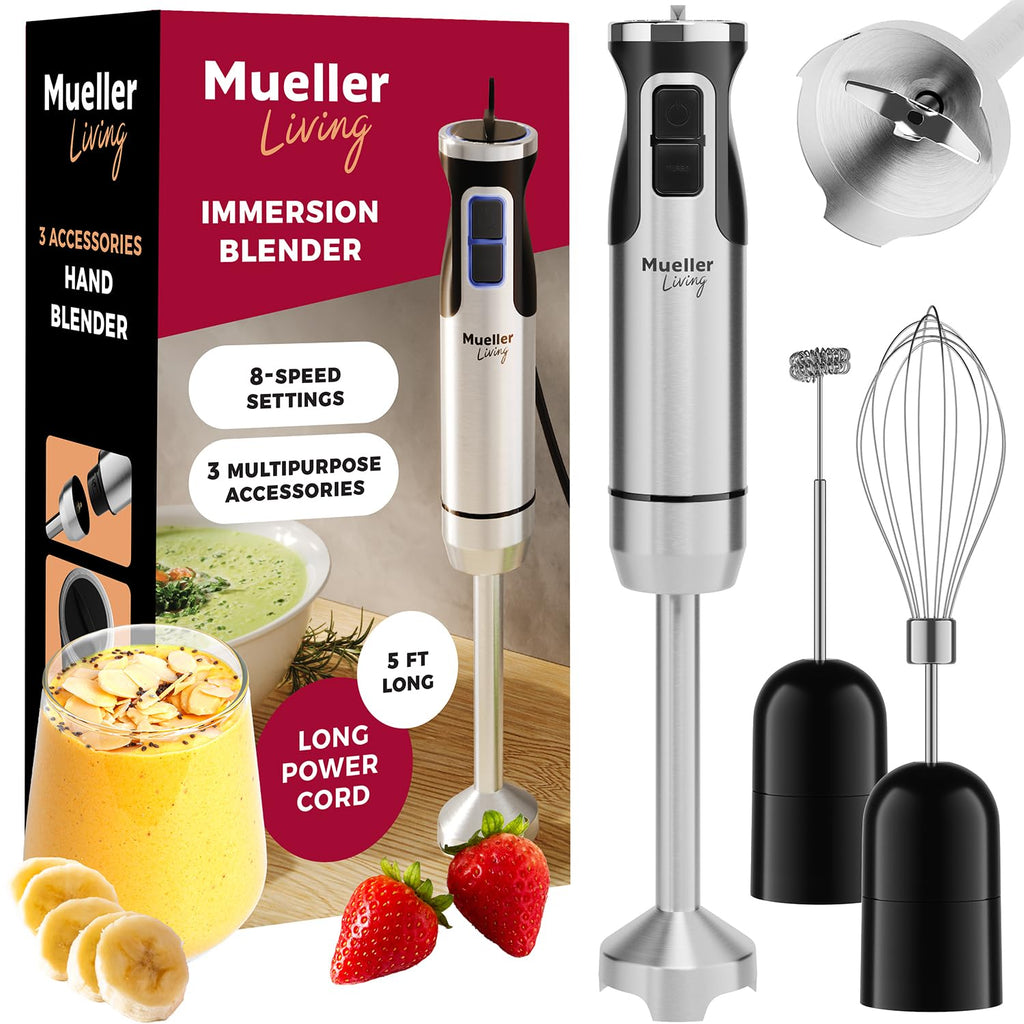 Mueller Immersion Blender Handheld - 8 Speed Stainless Steel Electric Hand Blender, 3 in 1 Emulsion Blender Handheld with Turbo Mode, Stick Blender Emulsifier for Kitchen for Soup, Smoothie, Puree