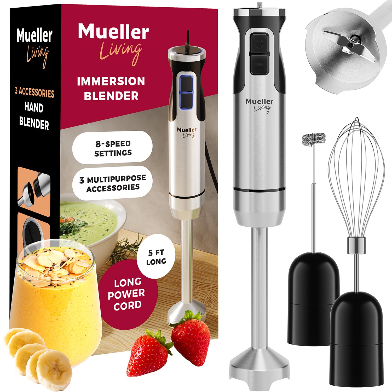 Mueller Immersion Blender Handheld - 8 Speed Stainless Steel Electric Hand Blender, 3 in 1 Emulsion Blender Handheld with Turbo Mode, Stick Blender Emulsifier for Kitchen for Soup, Smoothie, Puree