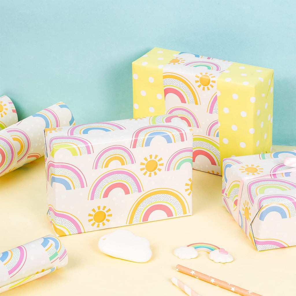 WRAPAHOLIC Reversible Wrapping Paper - Mini Roll - 17 Inch x 33 Feet - Rainbows Design, Perfect for Birthday, Party, Holiday, Wedding, Baby Shower