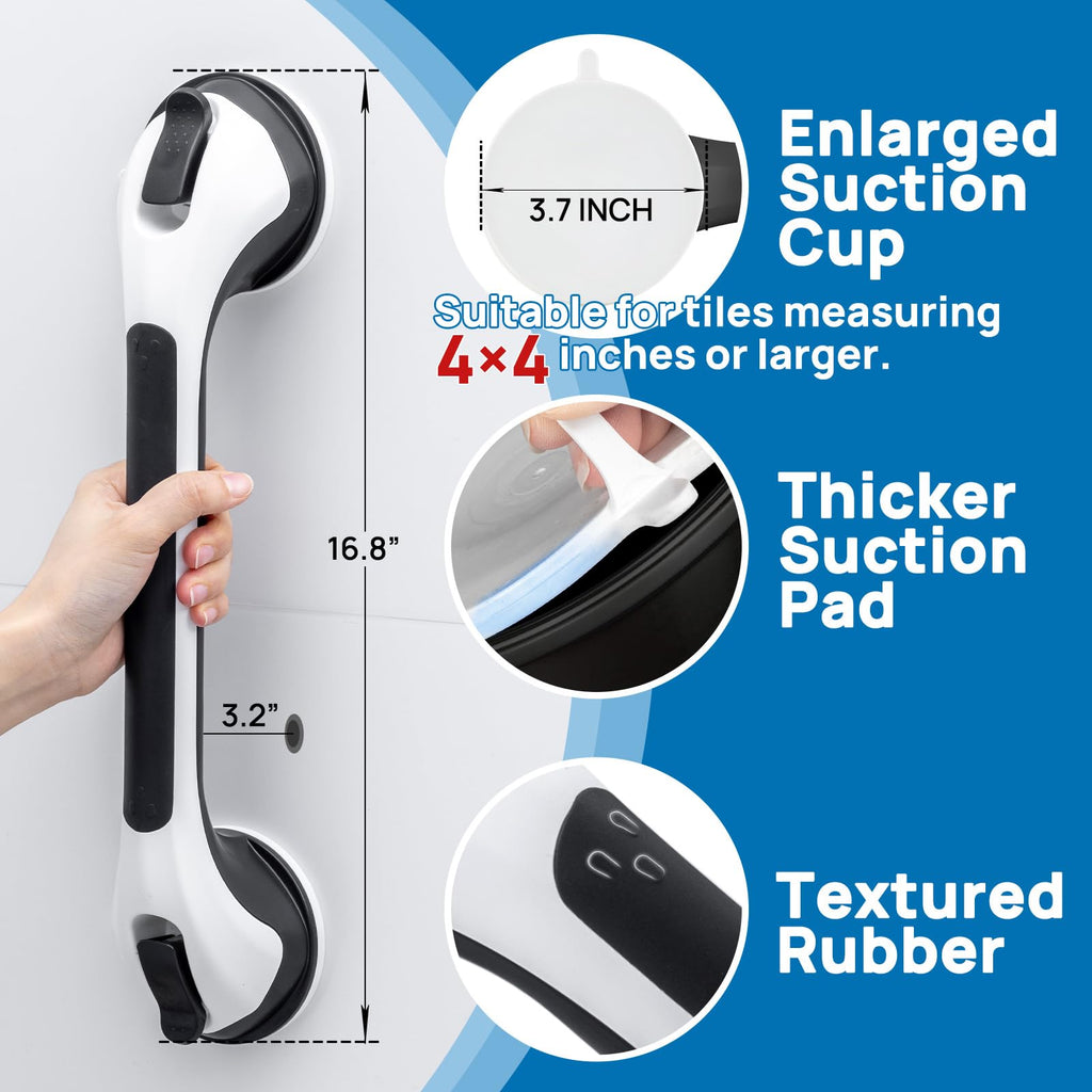 LEVERLOC 2 Pack Shower Grab Bars for Bathtubs and Showers, Easy to Install Suction Shower Handles for Bathroom Removable Handrails for Seniors Elderly Safety Grip Waterproof Drill Free Black