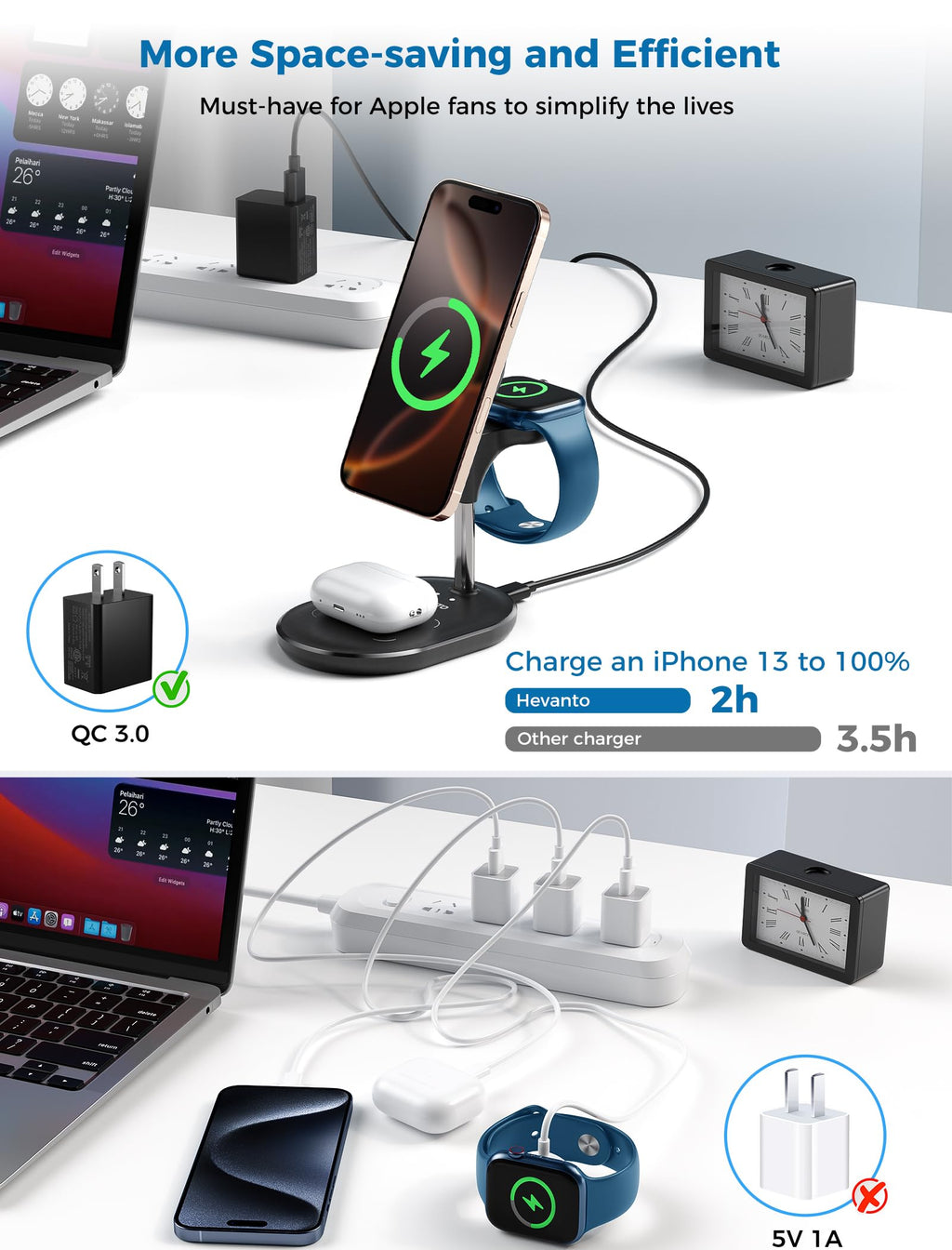 Hevanto 3 in 1 Wireless Charging Station for Apple MagSafe Charger, 15W Fast Qi-Certified Magnetic Mag-Safe Charger Stand for iPhone 16 15 14 13 12 Apple Watch AirPods, Adjustable Angle,Gifts for Men