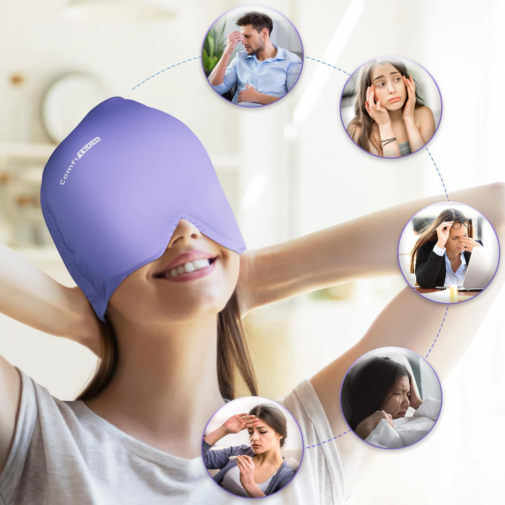 ComfiTECH Migraine Relief Cap, Headache Relief Hat Head Ice Pack with Face Cold Compress for Puffy Eyes, Sinus, Stress and Tension Relief (Medium Lavender)