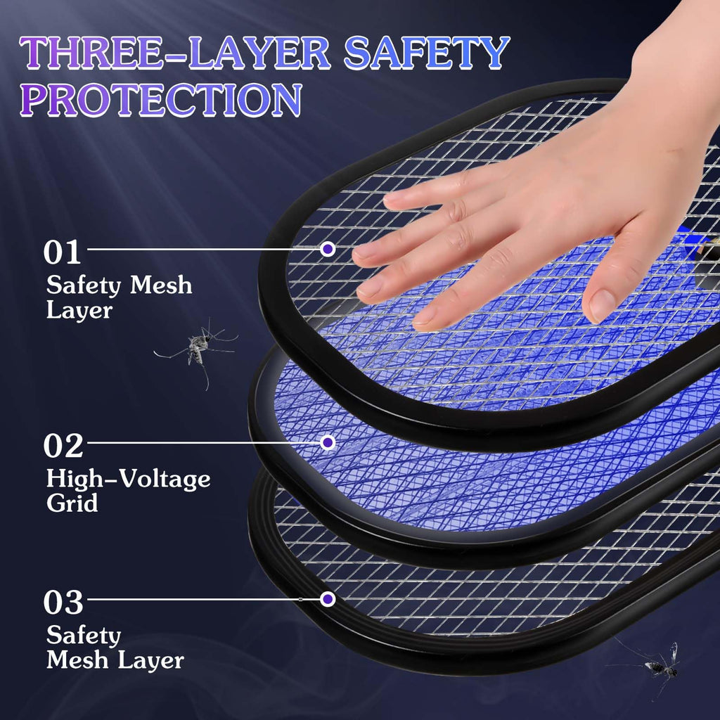 Qualirey 2 Pack Electric Fly Swatter 3000v Bug Zapper Racket 2 in 1 Mosquito Killer with 3 Layers Safety Mesh 20.5 Inch Extra Large USB Rechargeable with 1200mah Battery for Indoor Outdoor(Black)