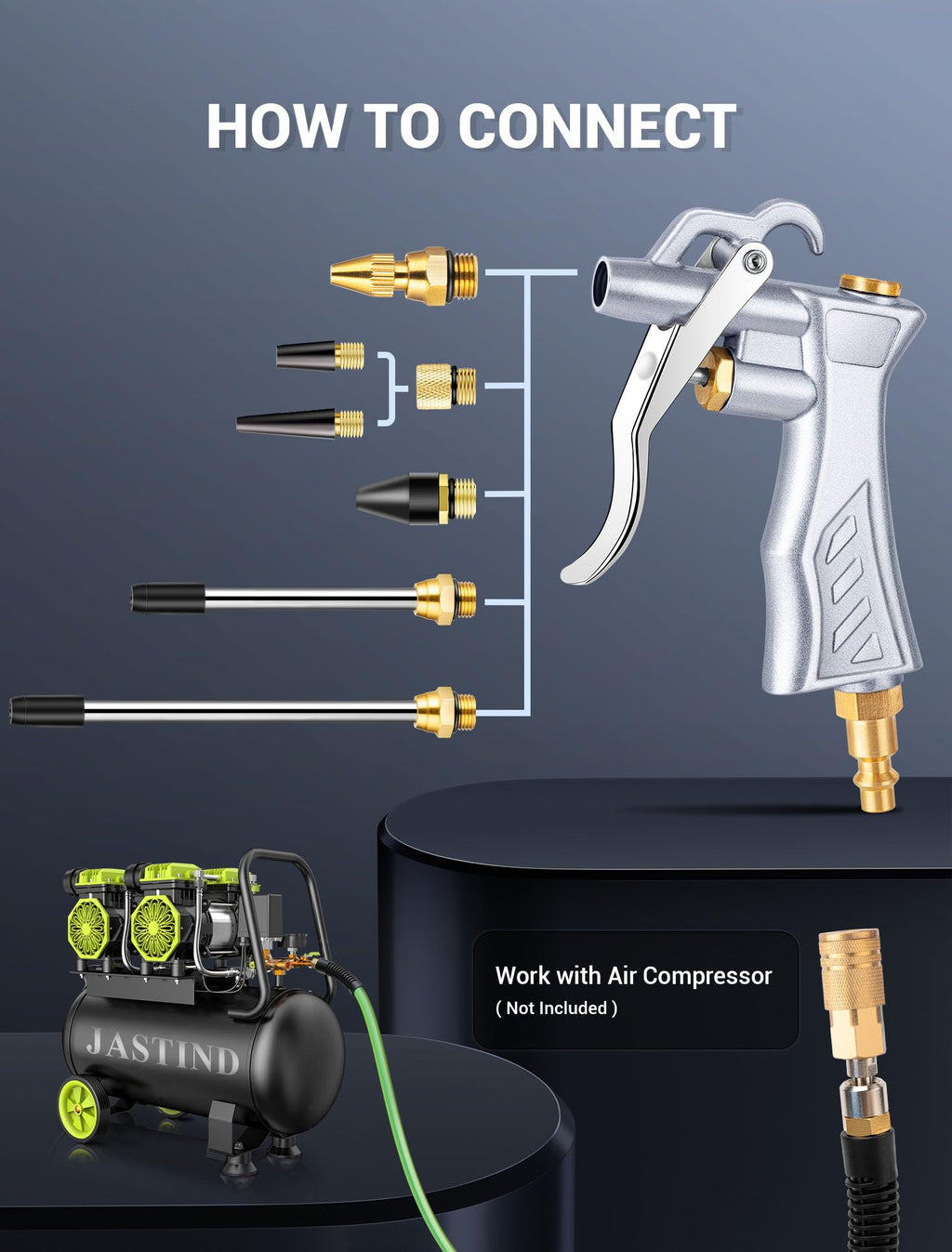 Industrial Air Blow Gun with Brass Adjustable Air Flow Nozzle and 2 Steel Extension, Pneumatic Air Compressor Accessory Tool Dust Cleaning and Blower Gun