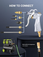 Industrial Air Blow Gun with Brass Adjustable Air Flow Nozzle and 2 Steel Extension, Pneumatic Air Compressor Accessory Tool Dust Cleaning and Blower Gun