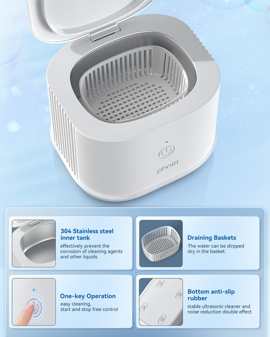 Ultrasonic Jewelry Cleaner, Phniti 46kHz Professional Portable Ultrasonic Retainer Cleaner Machine with Timer for Dental Retainer, Mouth Guard, Watch, Ring, Diamond - Household Use, White