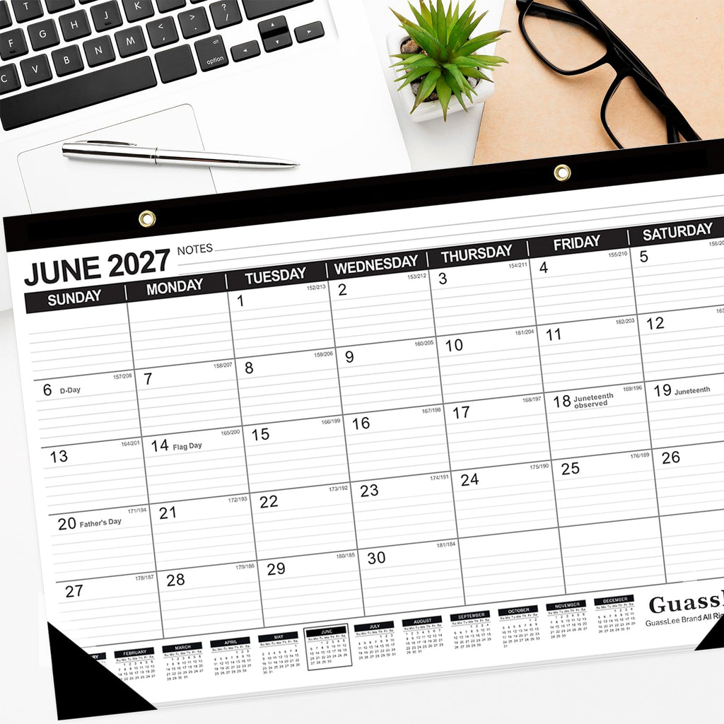 Desk Calendar 2026-2027 - 19 Months Academic Calendar 17" × 11.5" Desktop Calendar from Jun. 2026 to Dec. 2027 with Julian Date for Home School Office Desk Top Organizing
