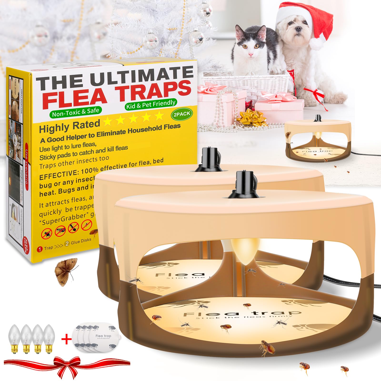 Protecker Flea Traps for Inside Your Home,2023 New Flea Light Trap Indoor,Flea with Refills and Sticky Pads,Flea Killer House,Sticky Flea Trap,Safe Kids,Friendly to Pets(2 Pack)