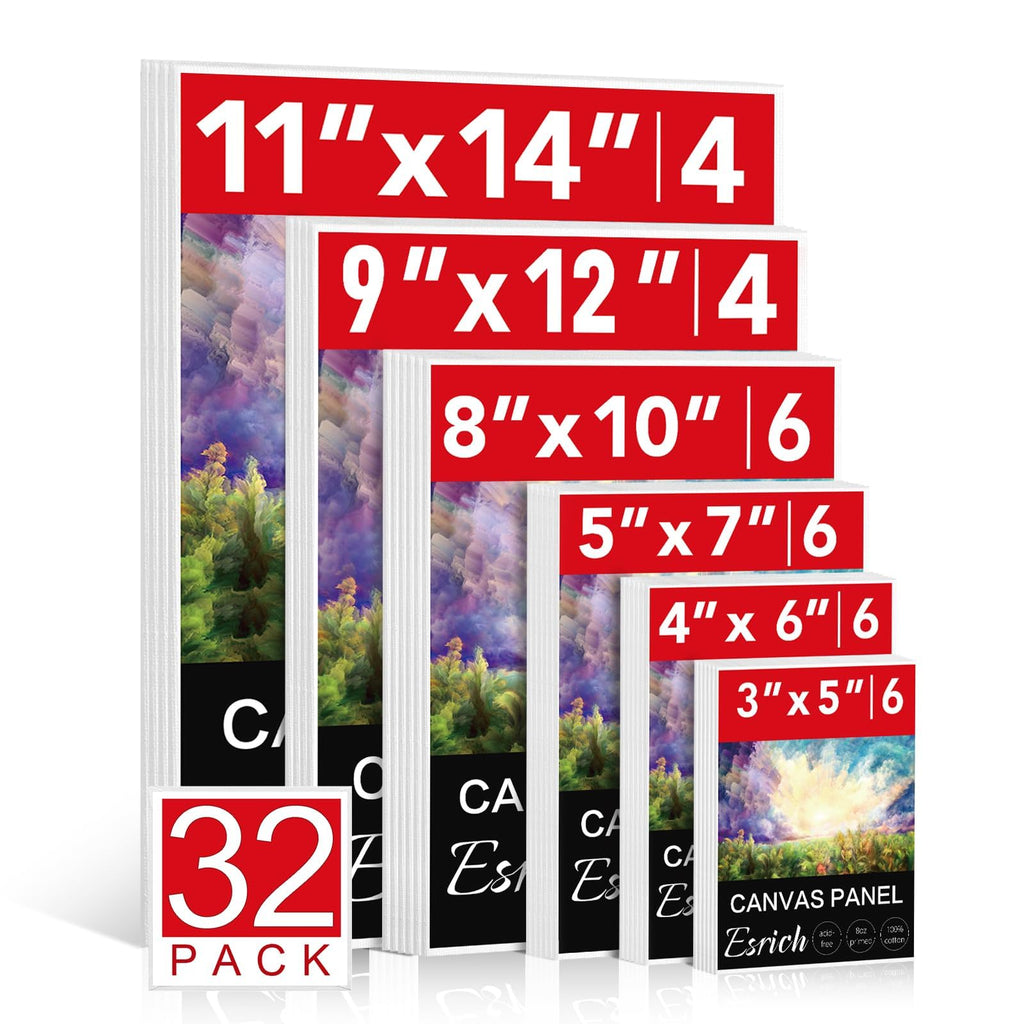 ESRICH Canvas Boards for Painting 32 Pack Art Supplies Paint Canvas 3x5, 4x6, 5x7, 8x10, 9x12, 11x14 Blank Large Canvases for Painting-Cotton Primed Canvas Panels for Acrylic, Oil, Gouache & Tempera.