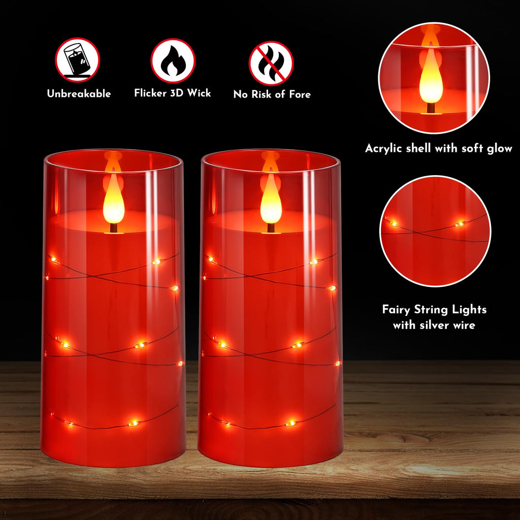 NURADA Flickering Flameless Candles: Built-in Star String Lights Battery Operated LED Pillar Candles with Remote and Timer Romantic Decorations for Wedding Party Christmas Halloween - Red 2 Pack