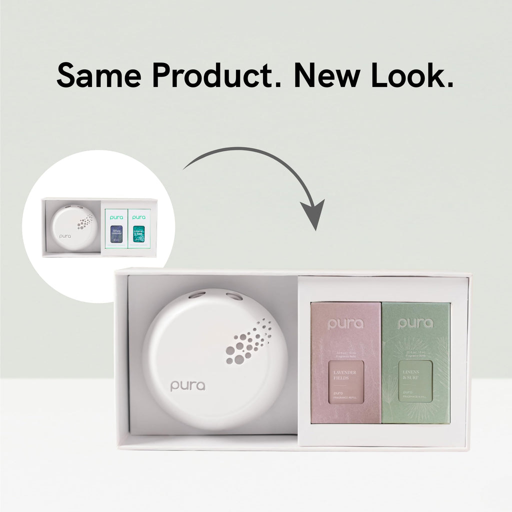 Pura - Smart Home Fragrance Device Starter Set V3 - Scent Diffuser for Homes, Bedrooms & Living Rooms - Includes Fragrance Aroma Diffuser & Two Fragrances - Linens & Surf and Lavender Fields