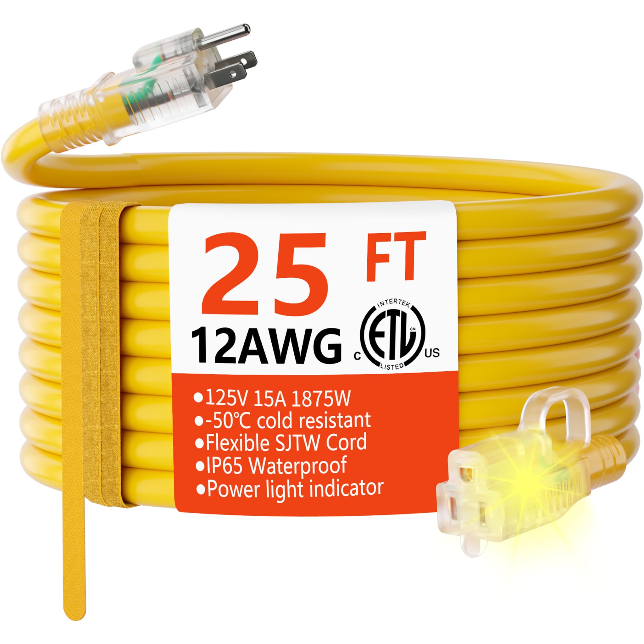 HUANCHAIN 12 Gauge Heavy Duty Outdoor Extension Cord 25 ft Waterproof with Lighted end, Flexible Cold-Resistant 3 Prong Electric Cord Outside, 15Amp 1875W 12AWG SJTW, Yellow, ETL