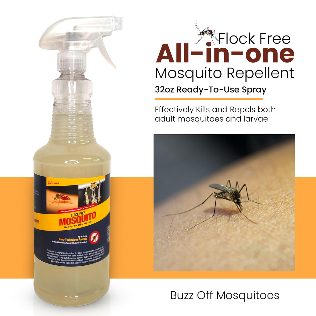 Flock Free Natural Mosquito Control Ready to Use Spray, Repels Mosquitoes, Ticks, Fleas, Flies, Gnats, and Chiggers Away (32 oz Ready to use)