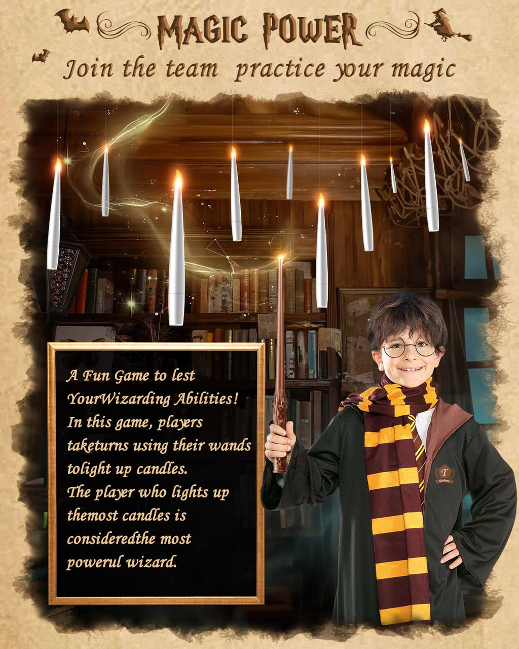 Floating Candles with Wand Remote 18PCS - Halloween Decorations Magic Hanging Candles Flickering Flameless Taper Candles with Glasses, Tie, Scarf, Battery Operated Candles for Party Christmas Decor