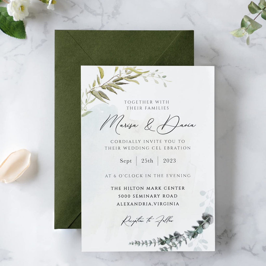 PONATIA 50 PCS/Pack A7 Envelopes, 5.25 x 7.5'' Olive Green Envelopes For 5x7'' Weddings Invitation Cards, Christmas Gift Cards Envelopes, Acrylic Invitations, Photos and Any 5x7" Inserts