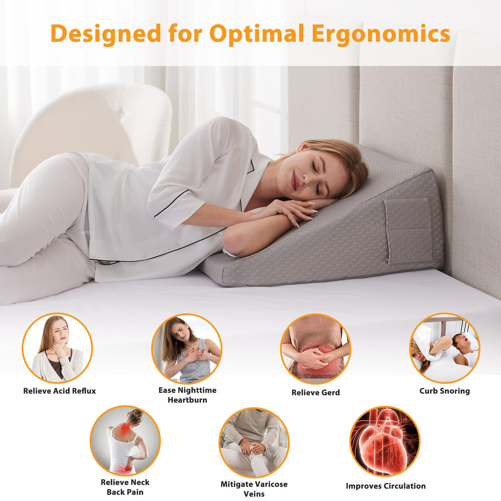 Ruqmuis Wedge Pillow for Sleeping, 12" Bed Wedges Pillow for Headboard, Triangle Incline Wedge for Acid Reflux, Pillows Wedge for Back Pain Relief, Elevated Leg Pillow After Surgery, Snoring, Grey