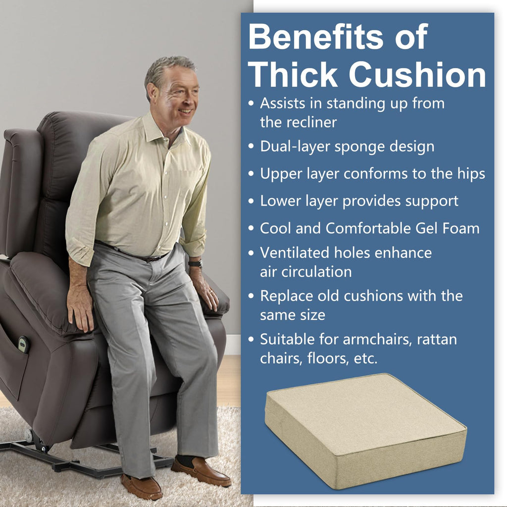 Shinnwa Gel Memory Foam Recliner Cushion for Elderly, Dual-Layer Foam Chair Pad, Extra Large Seat Cushion for Couch, Armchair, Wicker Chairs, Floor, 20 × 20 × 5in, Beige