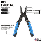 Klein Tools 1025 Long Nose Multi-Purpose Wire Stripper, Made in USA Professional Electrician Tools, Crimping Tool, Cable Stripper for 10-20 AWG Solid, 12-22 AWG Stranded Wire