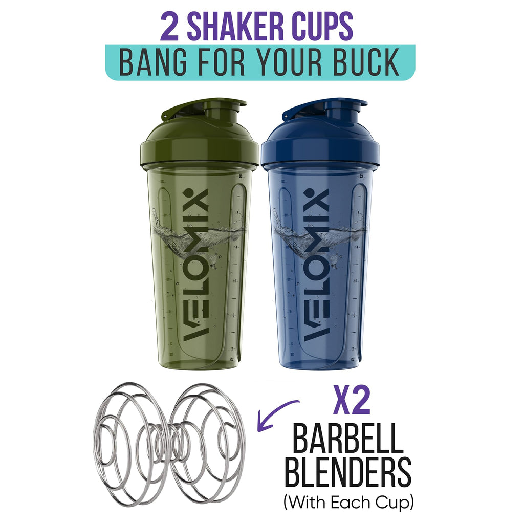VELOMIX -2 Pack- 28 oz Protein Shaker Bottles for Protein Mixes - 2x Wire Whisk | Leak Proof Shaker Cups for Protein Shakes | Protein Shaker Bottle Pack | Shakers for Protein Shakes-Green&Blue