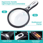 Large Magnifying Glass with Light, 5X 15X Magnifier Handheld Illuminated Lighted Magnifier with 4 LED Lights Storage Bag Clean Cloth for Seniors Reading, Inspection, Exploring