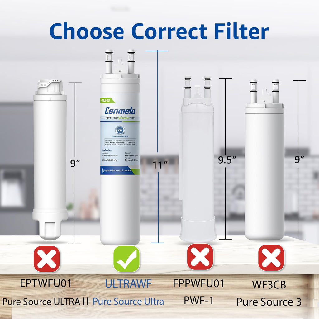 Cenmela CML005 Compatible with Frigidaire ULTRAWF, Pure Source Ultra, Kenmore 9999, 469999, 46-9999, A0094E28261, 242017801, 241791601 Water Filter, Height 11 inches, Pack of 2