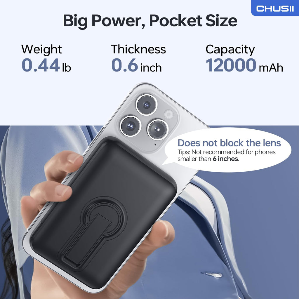 for Magsafe Portable Charger, 12000mAh Wireless Magnetic Power Bank with Stand and USB C in/Out Fast Charging, for Magsafe Battery Pack Compatible with iPhone 15/14/13/12 Pro/Pro Max Series-Black