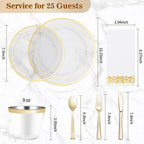 175PCS Clear Gold Disposable Dinnerware Set (25 Guests), Plastic Plates for Party, Wedding, Include: 50Plastic Plates, 25 Gold Silverware, 25 Cups, 25 Napkins