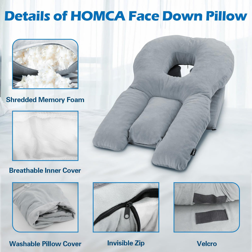 HOMCA Face Down Pillow After Eye Surgery - Home Massage Pillow Face Down for Bed Stomach Sleeping Pillow, BBL Pillow After Surgery with CertiPUR-US Certified Shredded Memory Foam