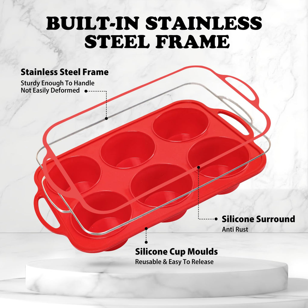 Foepoge 2 Pack Jumbo Silicone Muffin Pan with Metal Frame, Non-stick Large Silicone Cupcake Pan with Handles 6 Cup, Silicon Muffin Tin Tray for baking, egg bites, Cupcake Mold, BPA Free Red