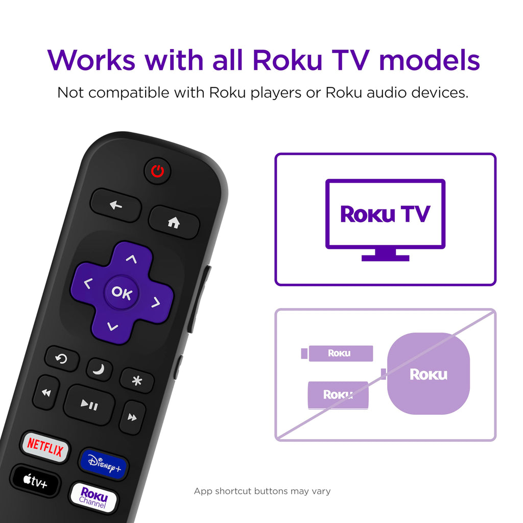 Roku Remote (Official Manufacturer Product) | TV Remote Control with TV Controls, Simple Setup, & Pre-Set App Shortcuts - Replacement Remote Compatible with Roku TV Models ONLY (Not Roku Players)