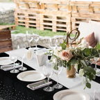 8Pack Disposable Plastic Tablecloths and Satin Table Runner Set Black and Silver Dot Tablecloth Silver Satin Table Runner for Wedding Birthday Baby Shower Anniversary Christmas New Year Party Supply