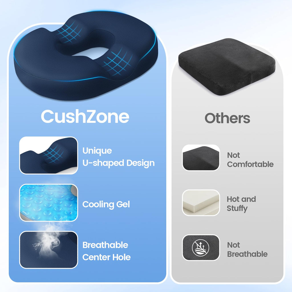 CushZone Donut Pillow Seat Cushion - Memory Foam Cooling Gel Lifting Cushion for Office & Home Chair, Car Seat, Wheelchair, Hemorrhoids Pillow, Sciatica & Tailbone Pain Relief Chair Cushion, Blue