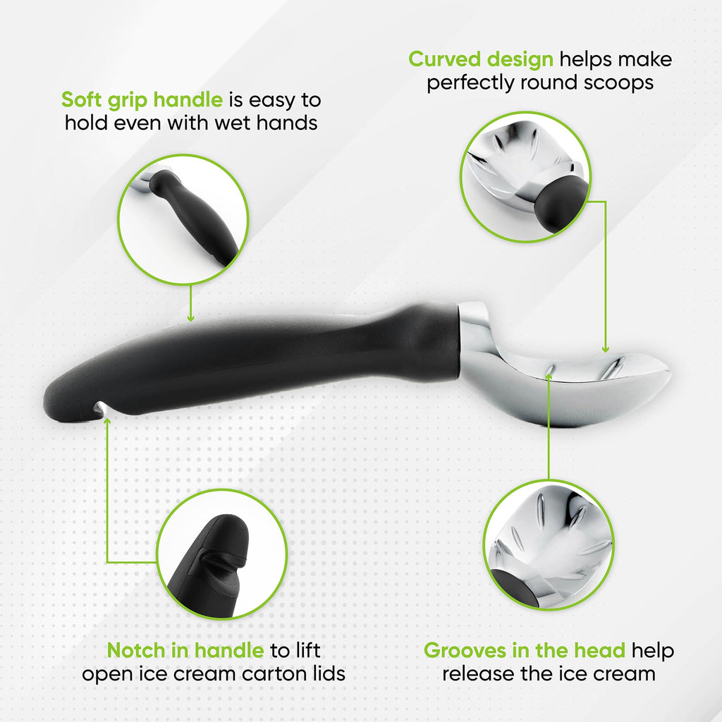 Spring Chef Heavy Duty Ice Cream Scoop with Comfortable Handle - Professional Ice Cream Scooper for Gelato, Sorbet, Cookie Dough, Melon, Frozen Yogurt - Dishwasher Safe Metal Kitchen Tool - Black