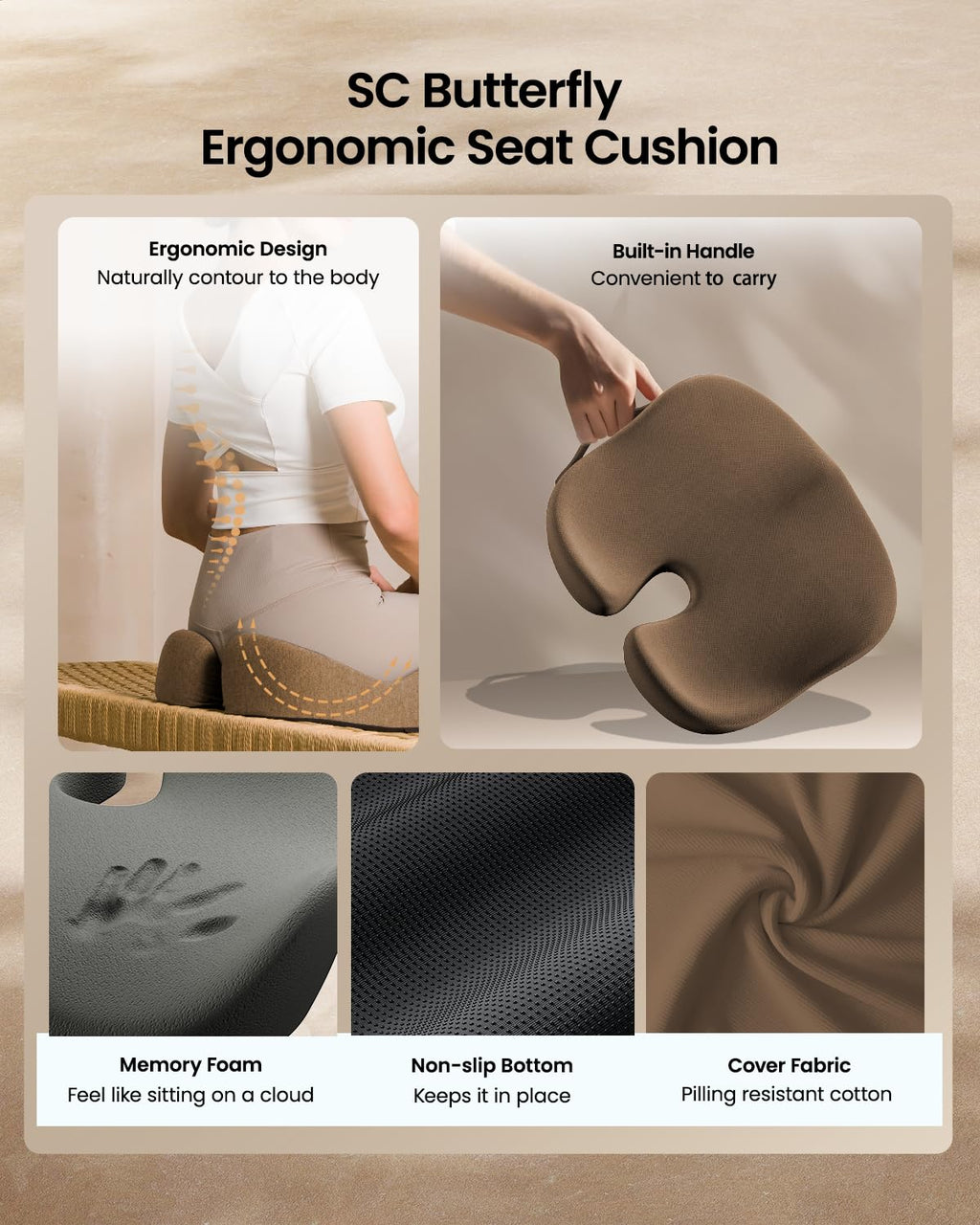 ProtoArc Seat Cushion for Tailbone Pain Relief, Office Chair Cushion, Coccyx Cushion, Ergonomic Memory Foam Seat Cushion for Home, Car, Pressure Relief Pad for Hip, Coccyx, All Day Comfort - Coffee