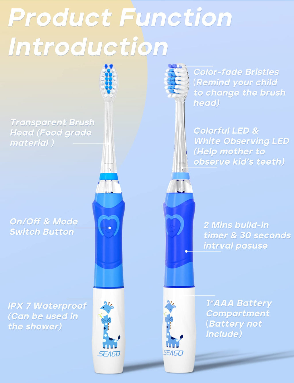 SEAGO Kids Electric Toothbrush with 2 Mins Brushing Timer and 4 Replacement Bursh Heads, Rainbow LED Light make Brushing Fun, Blue Color Boys Battery Powerd Toothbrush for 4-12 Years Old