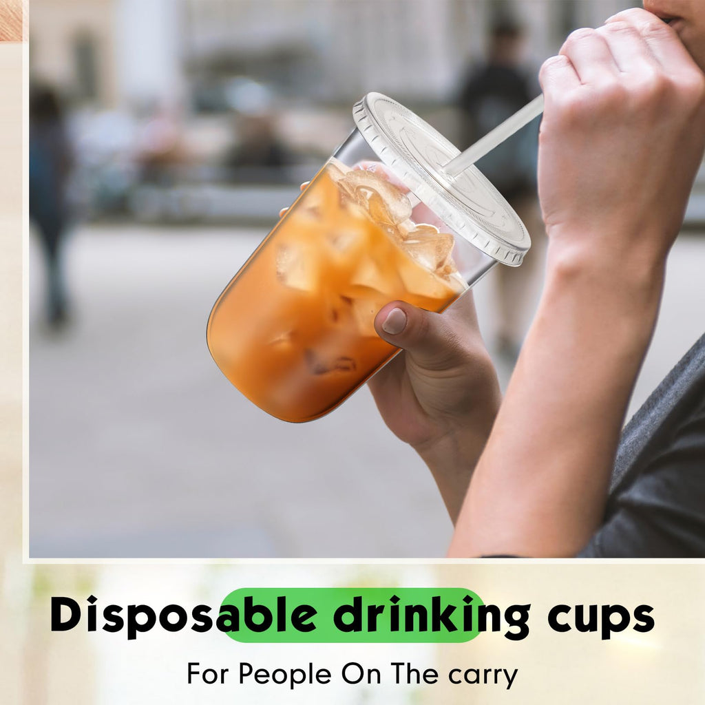 Ziliny 50 Sets Clear Plastic Cups with Lids and Straws, Disposable Iced Coffee Cups Drinking PET for Cold Drinks, Juice, Smoothie, Coffee Shops, Party, Christmas(Clear,16 oz)